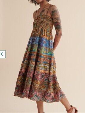 EARTHBOUND Boho Paisley Tiered Midi Dress with Blue & Rust Accents Size XXL